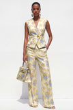 V-Neck 2 Piece Yellow Floral Single Breasted Business Suits with Pockets