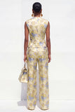 V-Neck 2 Piece Yellow Floral Single Breasted Business Suits with Pockets