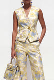 V-Neck 2 Piece Yellow Floral Single Breasted Business Suits with Pockets