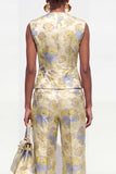 V-Neck 2 Piece Yellow Floral Single Breasted Business Suits with Pockets