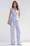 2 Piece Shawl Lapel Blue Floral Single Breasted Business Suits with Pockets
