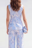 2 Piece Shawl Lapel Blue Floral Single Breasted Business Suits with Pockets