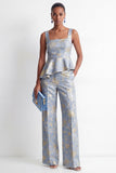 Grey Blue Square Neck 2 Piece Floral Ruffled Business Suits with Pockets