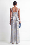 Grey Blue Square Neck 2 Piece Floral Ruffled Business Suits with Pockets