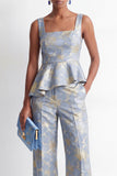 Grey Blue Square Neck 2 Piece Floral Ruffled Business Suits with Pockets
