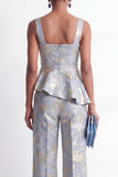 Grey Blue Square Neck 2 Piece Floral Ruffled Business Suits with Pockets