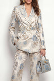 Peak Lapel Grey Blue Flower 2 Piece Business Suits with Pockets