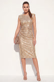 Round Neck Sparkly Golden Midi Beaded Ruched Work Dress
