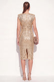 Round Neck Sparkly Golden Midi Beaded Ruched Work Dress