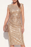 Round Neck Sparkly Golden Midi Beaded Ruched Work Dress