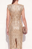 Round Neck Sparkly Golden Midi Beaded Ruched Work Dress