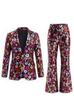 Single Breasted Black Floral 2 Piece Peak Lapel Business Suits with Pockets