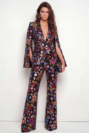 Single Breasted Black Floral 2 Piece Peak Lapel Business Suits with Pockets
