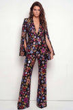 Single Breasted Black Floral 2 Piece Peak Lapel Business Suits with Pockets