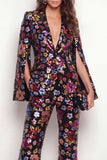 Single Breasted Black Floral 2 Piece Peak Lapel Business Suits with Pockets