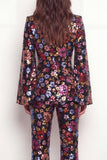 Single Breasted Black Floral 2 Piece Peak Lapel Business Suits with Pockets