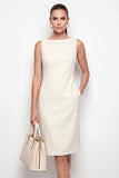 Boat Neck Ivory Midi Work Dress with Pockets