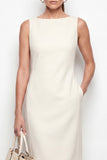Boat Neck Ivory Midi Work Dress with Pockets