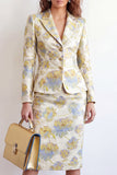 Single Breasted Yellow Flower Midi 2 Piece Peak Lapel Business Suits