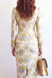 Single Breasted Yellow Flower Midi 2 Piece Peak Lapel Business Suits