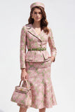 Single Breasted Green Pink Flower Midi 2 Piece Notched Lapel Business Suits