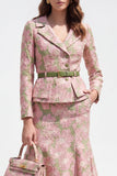 Single Breasted Green Pink Flower Midi 2 Piece Notched Lapel Business Suits