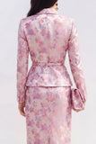 Pink Fuchsia Flower Midi 2 Piece Peak Lapel Single Breasted Business Suits
