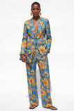 Single Breasted Blue Notched Lapel 2 Piece Floral  Business Suits with Pockets