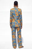 Single Breasted Blue Notched Lapel 2 Piece Floral  Business Suits with Pockets