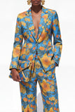 Single Breasted Blue Notched Lapel 2 Piece Floral  Business Suits with Pockets