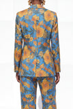 Single Breasted Blue Notched Lapel 2 Piece Floral  Business Suits with Pockets