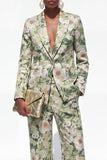 Single Breasted Blue Notched Lapel 2 Piece Floral  Business Suits with Pockets