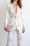 Single Breasted White Floral 2 Piece Peak Lapel Business Suits