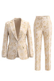 2 Piece Floral Peak Lapel Golden Single Breasted Business Suits with Pockets