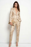 2 Piece Floral Peak Lapel Golden Single Breasted Business Suits with Pockets