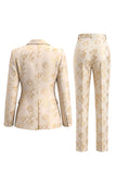 2 Piece Floral Peak Lapel Golden Single Breasted Business Suits with Pockets