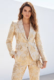 2 Piece Floral Peak Lapel Golden Single Breasted Business Suits with Pockets