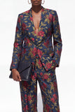 Single Breasted Black 2 Piece Floral Peak Lapel Business Suits with Pockets