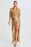 Sparkly Golden 2 Piece Sequin  Long Prom Dress with Slit