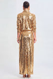 Sparkly Golden 2 Piece Sequin  Long Prom Dress with Slit