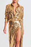 Sparkly Golden 2 Piece Sequin  Long Prom Dress with Slit