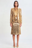Sparkly Golden Sequin 2 Piece Peak Lapel Midi Women Party Suits