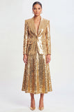 Sparkly Golden Sequin 2 Piece Shawl Lapel Long Women Party Suits