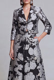 Black Silver Notched Lapel Floral Long Prom Suits with Pockets
