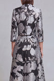 Black Silver Notched Lapel Floral Long Prom Suits with Pockets