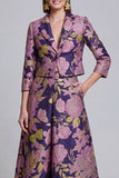 Black Silver Notched Lapel Floral Long Prom Suits with Pockets