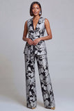 2 Piece Navy Pink Floral V-Neck Long Prom Suits with Belt