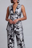 2 Piece Navy Pink Floral V-Neck Long Prom Suits with Belt