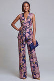 2 Piece Navy Pink Floral V-Neck Long Prom Suits with Belt