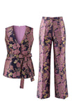 2 Piece Navy Pink Floral V-Neck Long Prom Suits with Belt